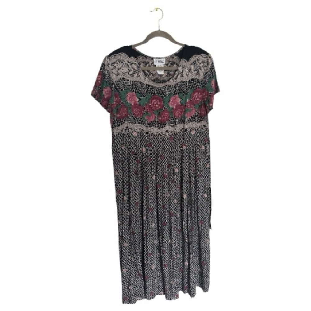 90s Vintage Cottagecore Rose Floral Dress Lace Print Lattice Grunge Boho size 16